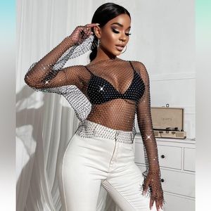 MakeMeChic Amazon Rhinestone Mesh Black Long Sleeve Top